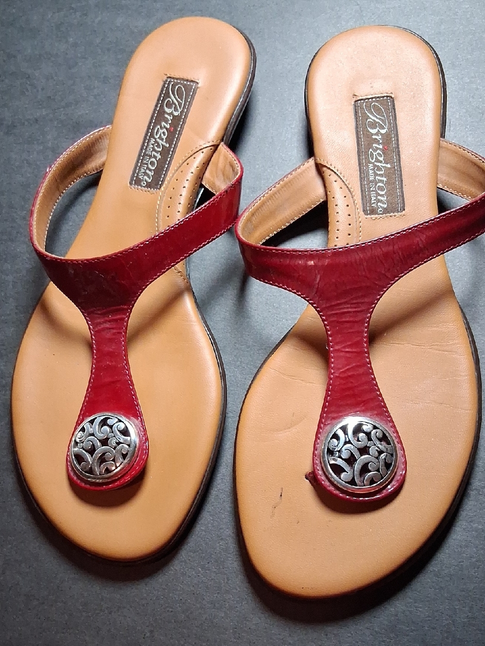 Brighton Red Leather T-Strap Sandals with Silver Medallions